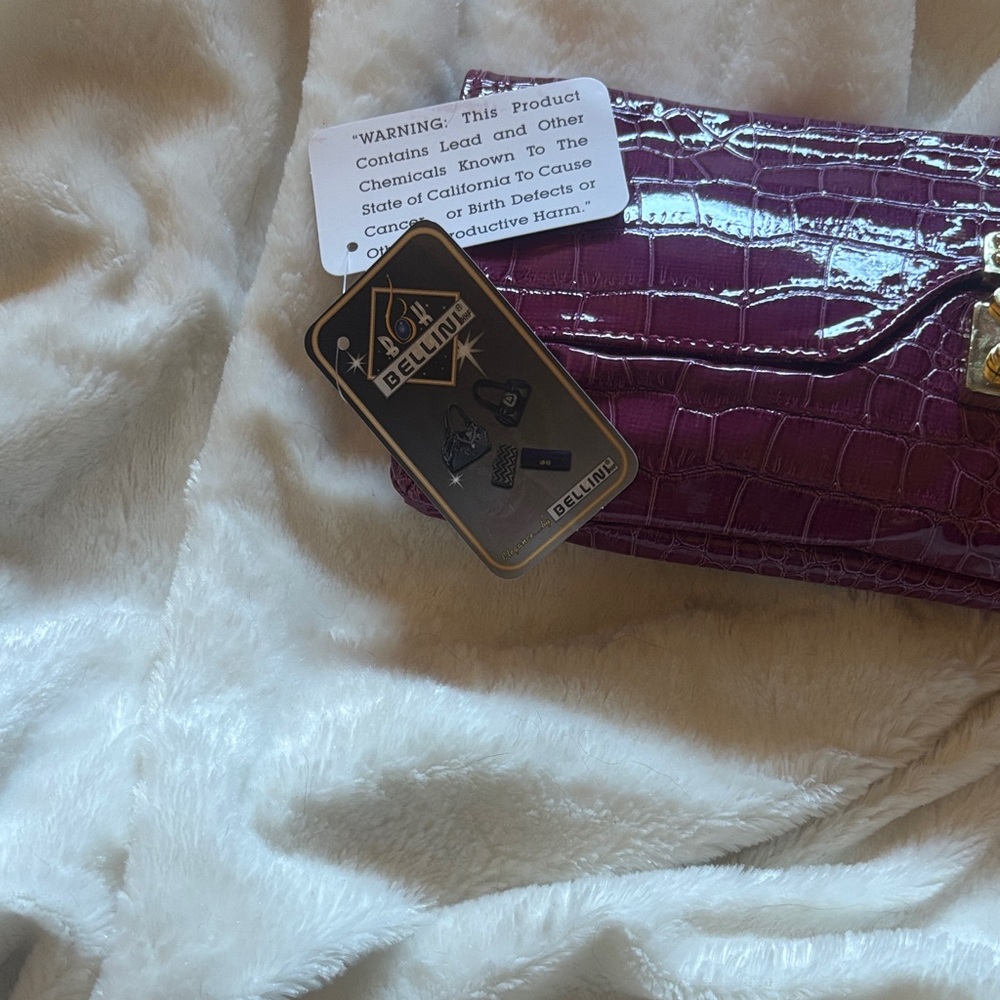 Bellini Purple Croc-Embossed Patent Clutch with Gold Hardware - Picture 2 of 4